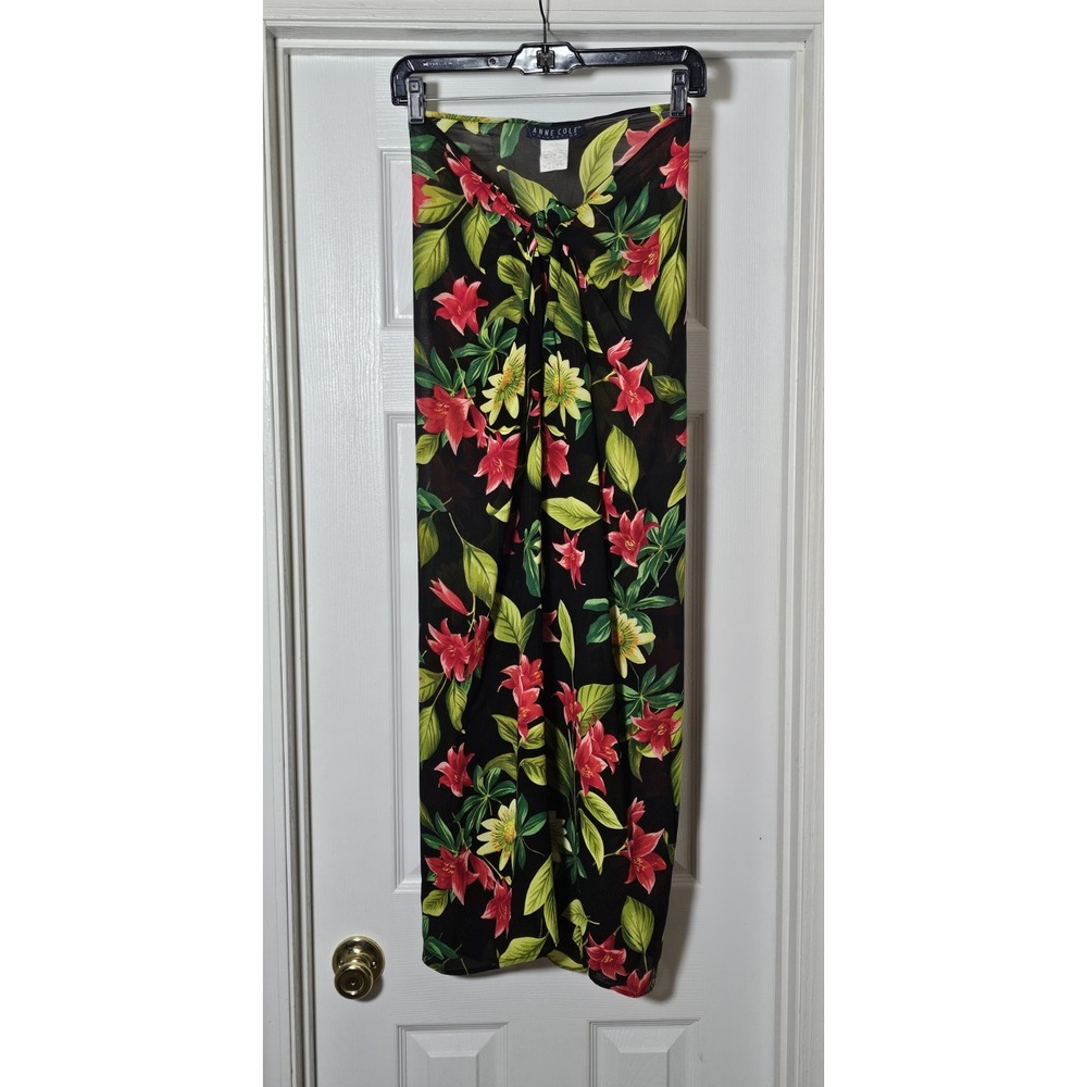Vintage‎ Anne Cole Maxi Sarong Size Medium Black Floral Swimwear Cover Up